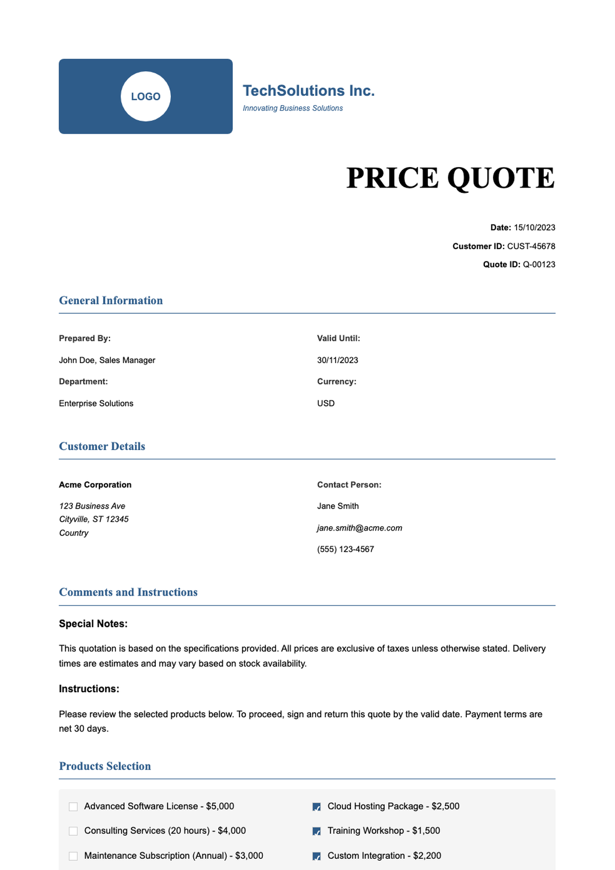 Professional price quote template with blue header and product checklist_variant_2